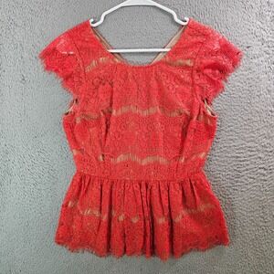 Maeve Lace Overlay Top Women Small Fitted Lined Cap Sleeve Red Preppy‎